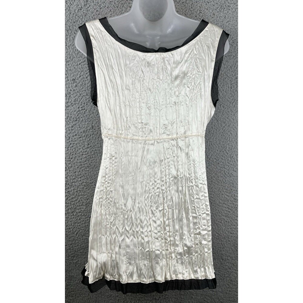 Y2K Ivory Crinkle Satin Black Mesh Trim Babydoll Top Sz S Ethereal Fairy Grunge - Picture 2 of 6